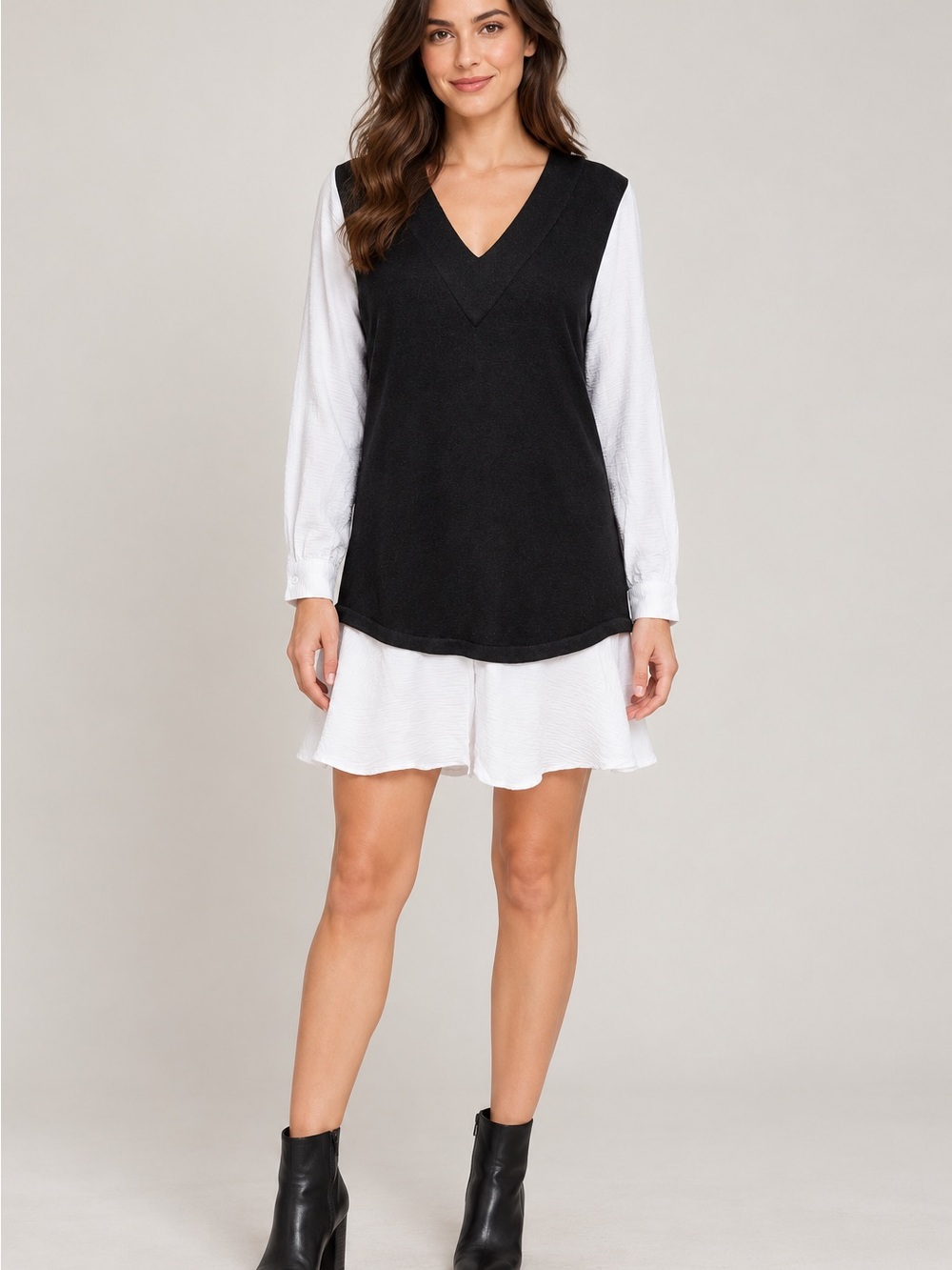 DKNY Black Layered V-Neck Mini Dress with White Underlayer